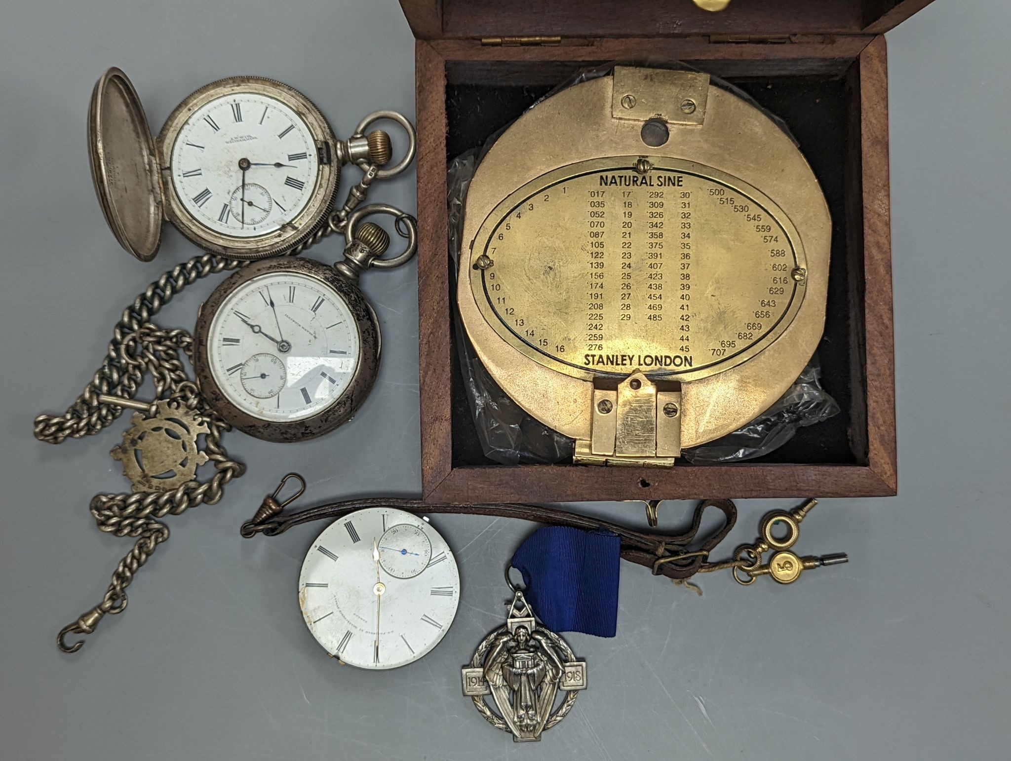 Two assorted pocket watches including sterling, a pocket watch movement by G.E. Frodsham, a masonic jewel and a cased brass Stanley compass.